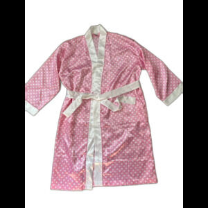 Pink Polka Dot Satin Robe White Trim Belt Retro 50s Pinup Lounge Robe